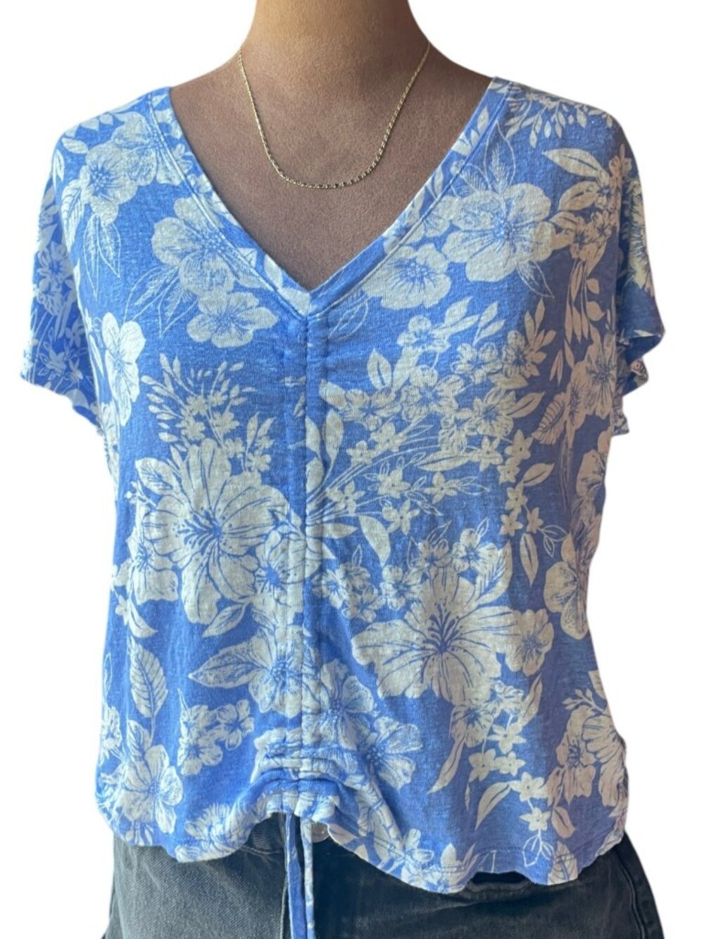 C&C California 100% Linen Blue Floral Ruched Blouse – S